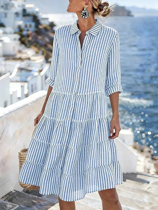 Fresh Blue Striped 3/4 Sleeve Tiered Mini Shirt Dress