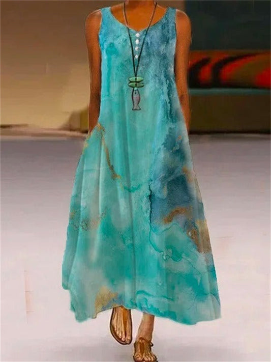 Basic Abstract Printed Crew Neck Maxi Dress