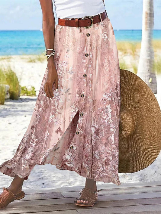 Women's Floral Printed Graphic Straight Fashion Split Button Maxi High Waist Skirt