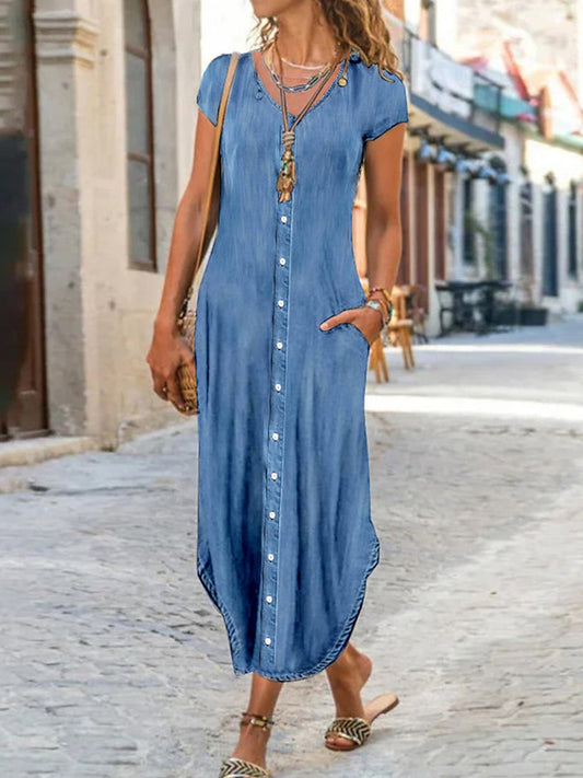 Casual Sweetheart Short Sleeve Denim Button Pocket Maxi Dress