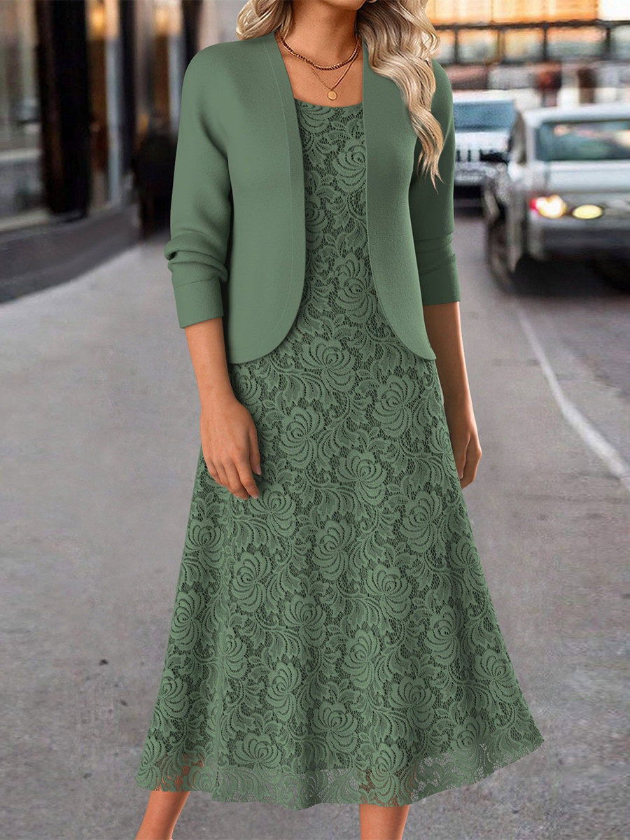 Solid Crew Neck Long Sleeve Comfy Two-Piece Dress