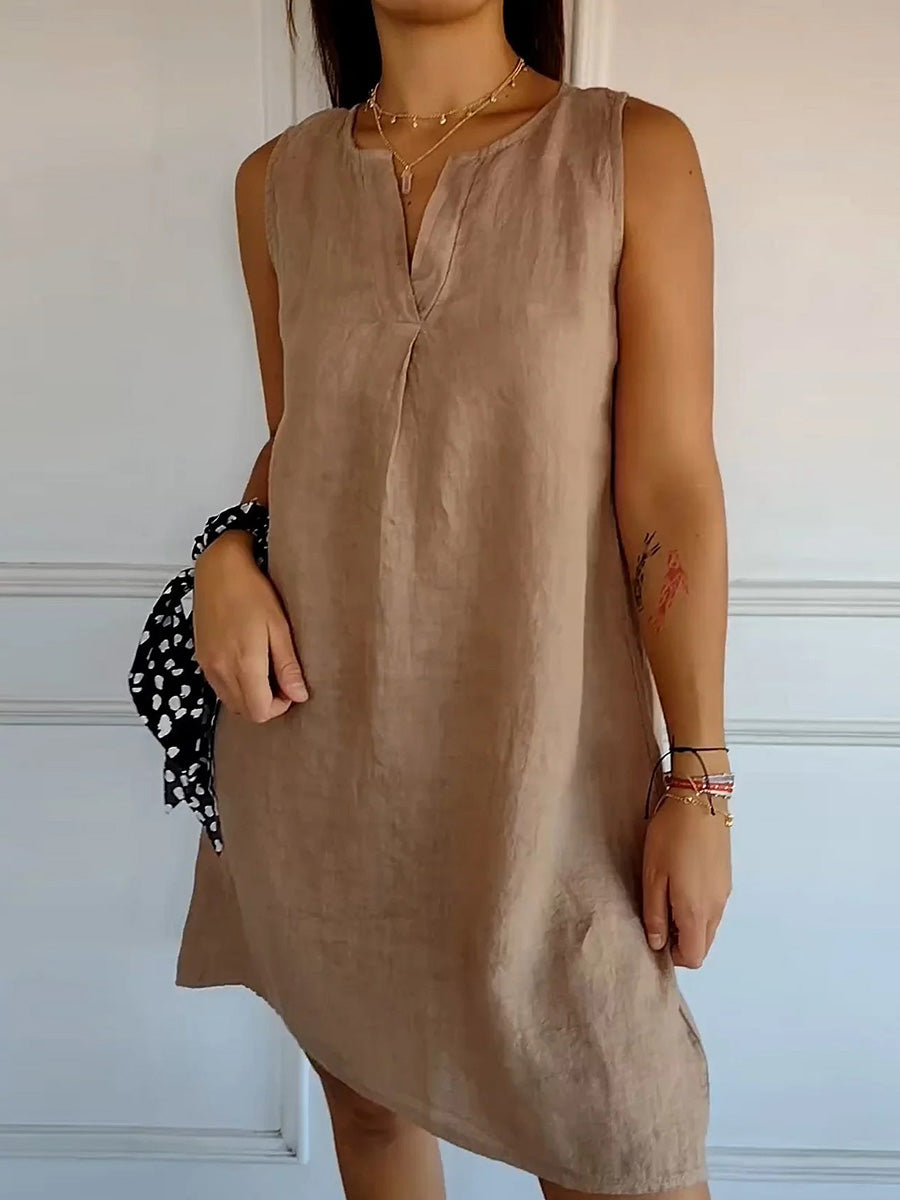 Cotton and Linen Solid V-neck Sundress