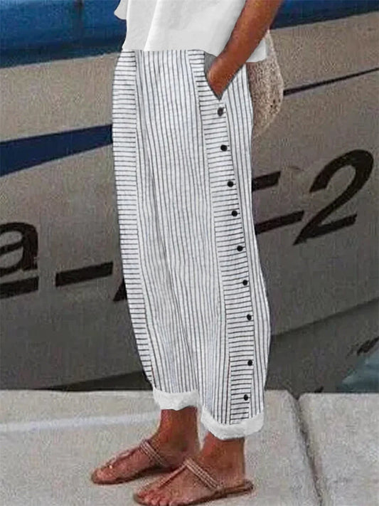 Casual Gray Striped Buttoned Pockets Pants