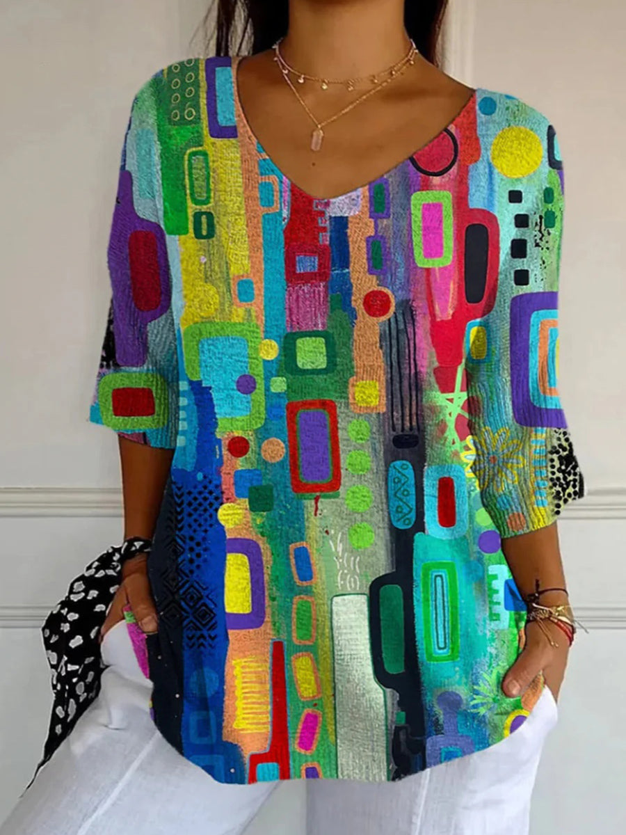 Women's Casual Abstract Print V-Neck 3/4 Sleeve Loose Fit Top