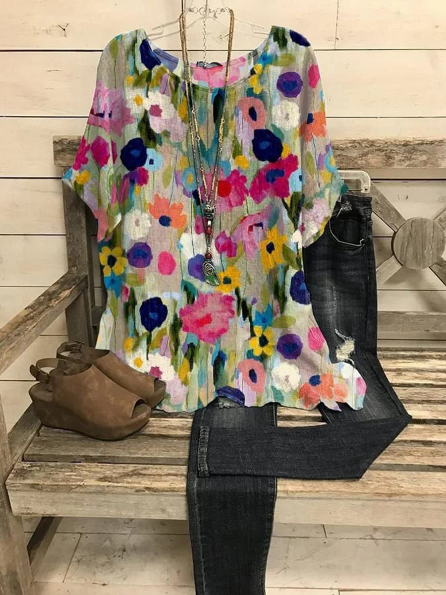 Women's Summer Casual Floral Print Short Sleeve Loose Blouse