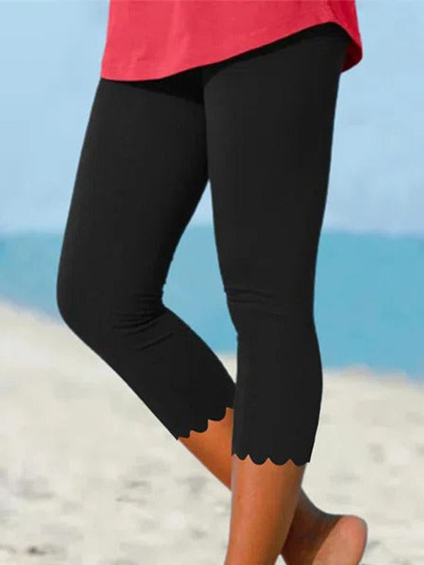 Women's High Waist Cropped Leggings with Scalloped Hem