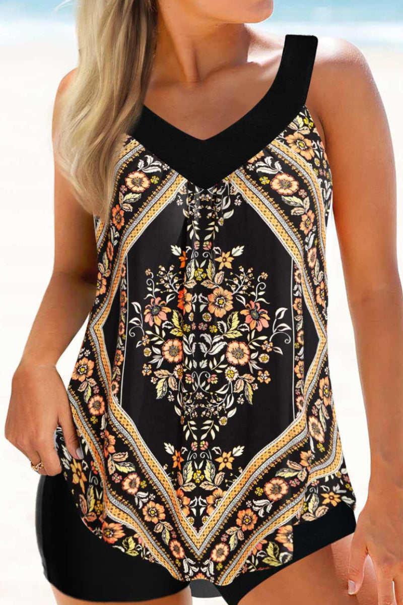 Curved Hem Wide Strap Floral Print Tankini Set