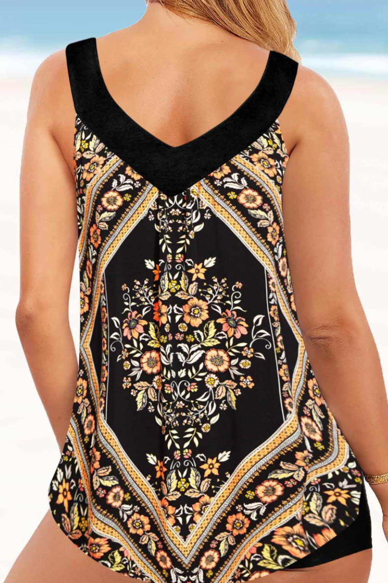 Curved Hem Wide Strap Floral Print Tankini Set