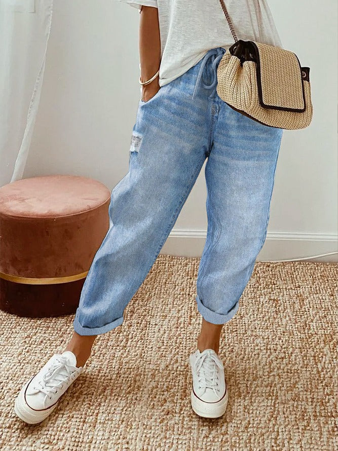 Blue Casual Solid Ripped Pants