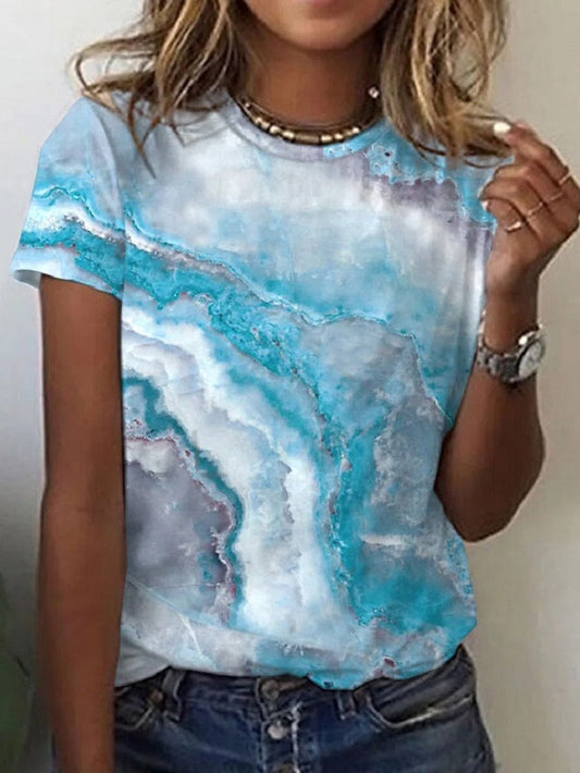 Blue Casual Round Neck Ocean Printed Short Sleeve T-shirts