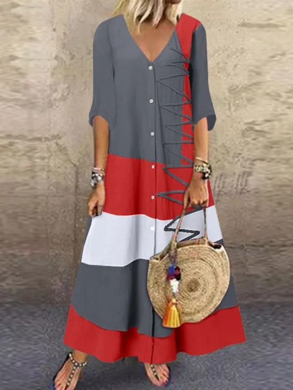 Gray Casual V Neck Colorblock Half Sleeve Dresses