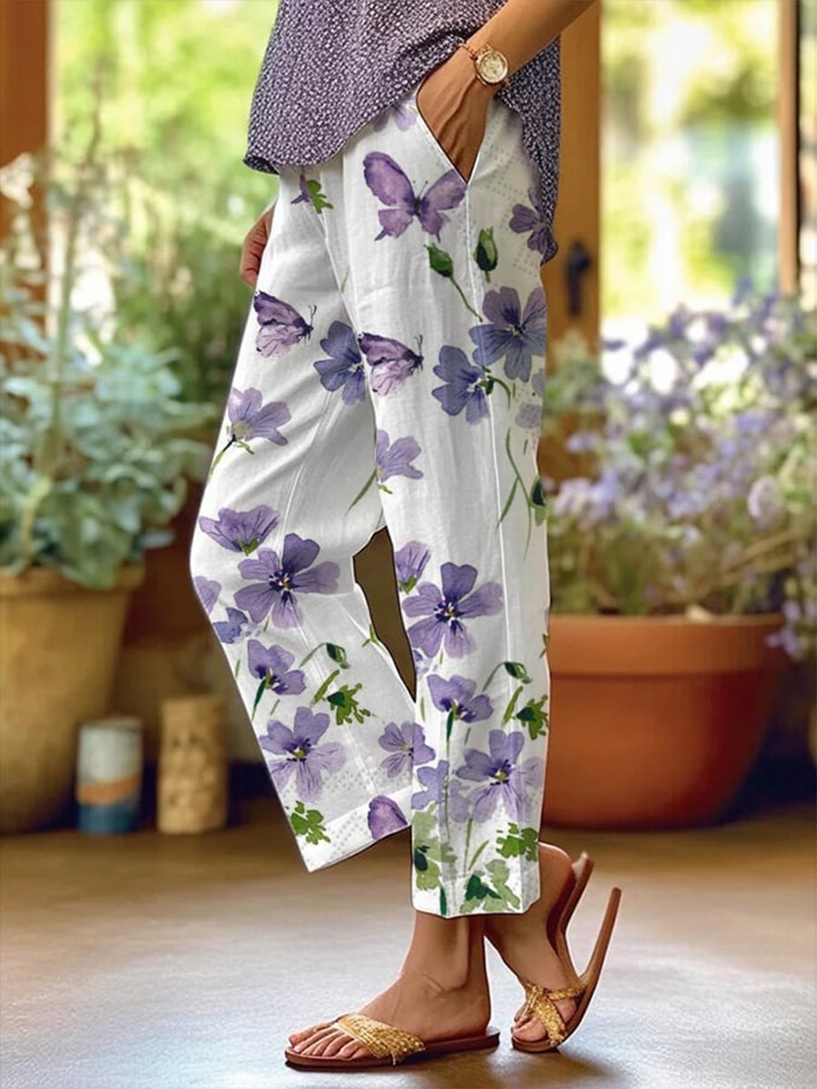 Retro Art Butterfly Flowers Print Pockets Casual Pants