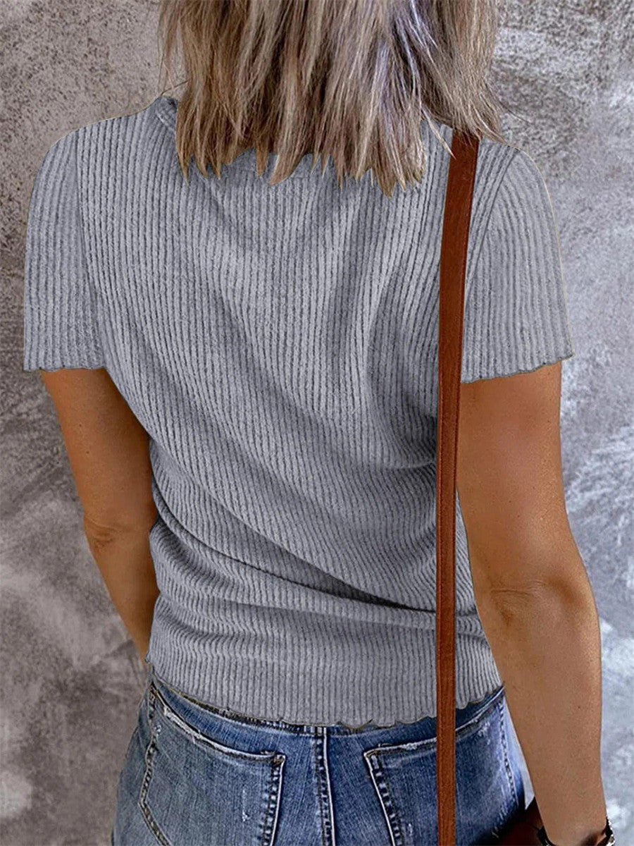 Women?ˉs Ribbed V Neck Henley Short Sleeve Slim Fit Casual Knit Top