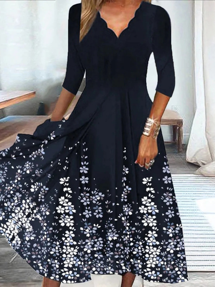 Women's Scalloped V-Neck 3/4 Sleeve Floral Print Midi Dress