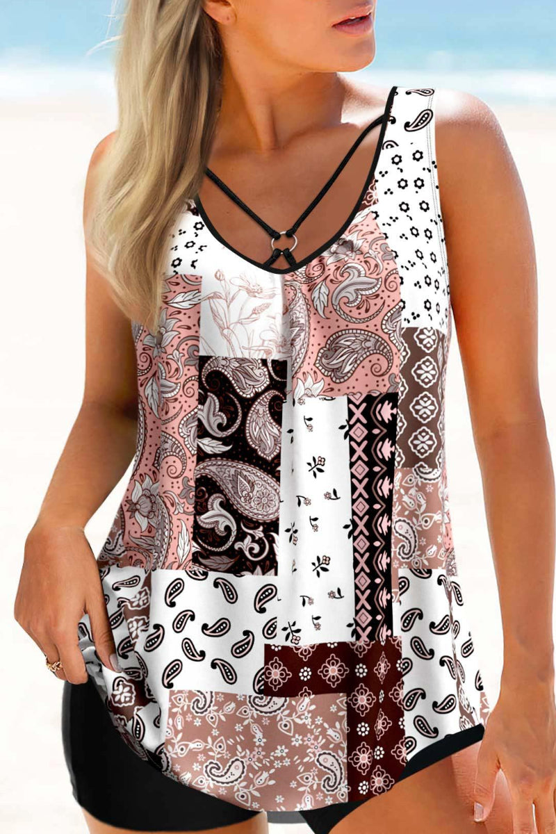 Tribal Print Ring Detail Pink Tankini Set