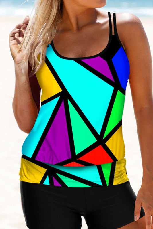 Double Straps Geometric Print Tankini Set
