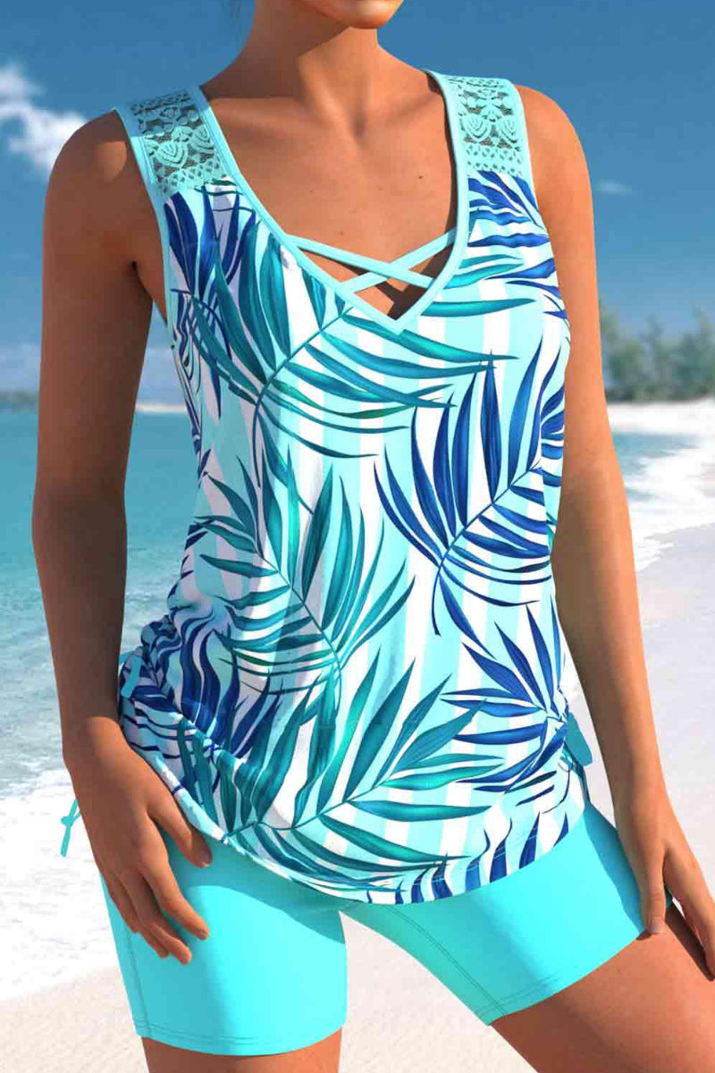 Tropical Print Lace Stitching Cyan Tankini Set