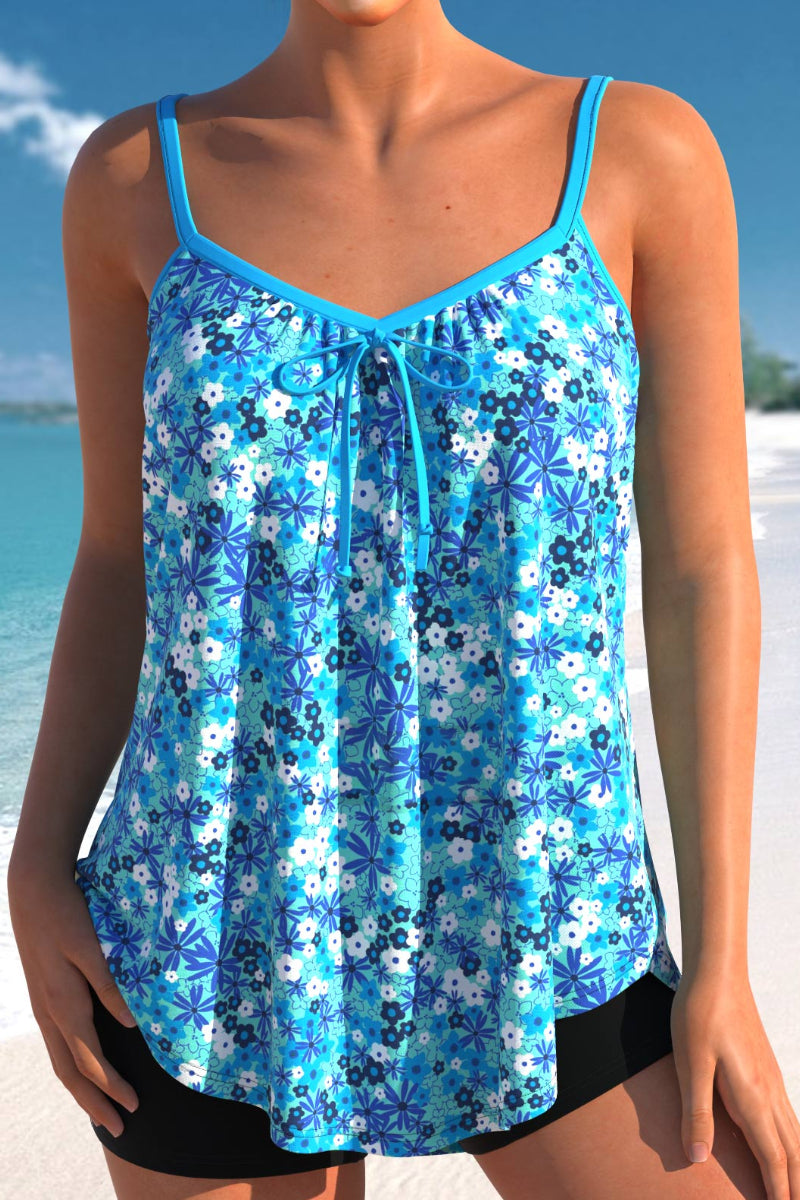 Bowknot Sky Blue Ditsy Floral Print Tankini Set