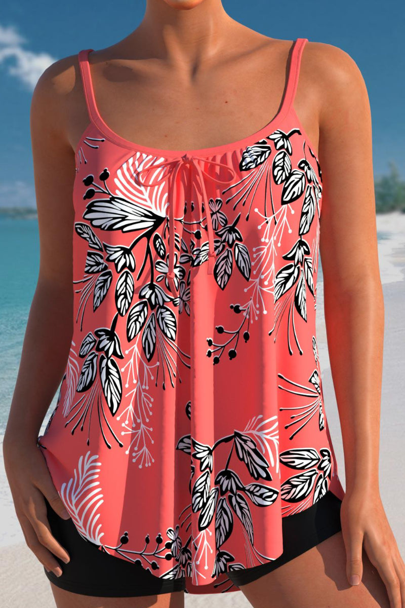 Leaf Print Coral Red Bowknot Tankini Set