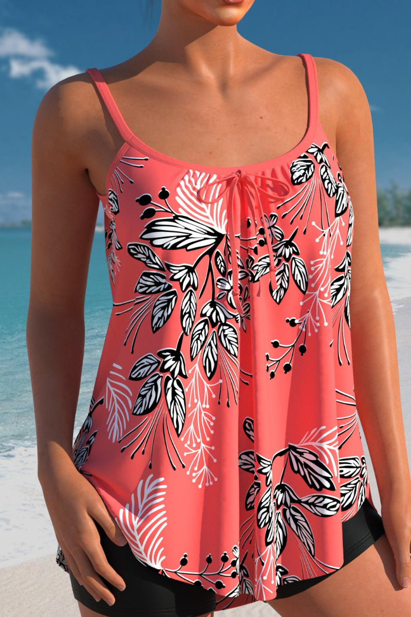 Leaf Print Coral Red Bowknot Tankini Set