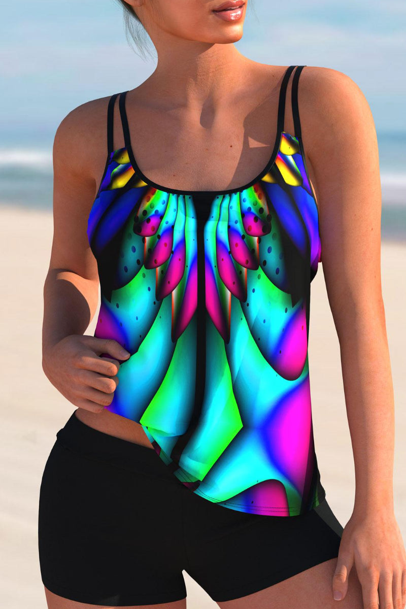 Spaghetti Strap Colorful Printed Tankini Set