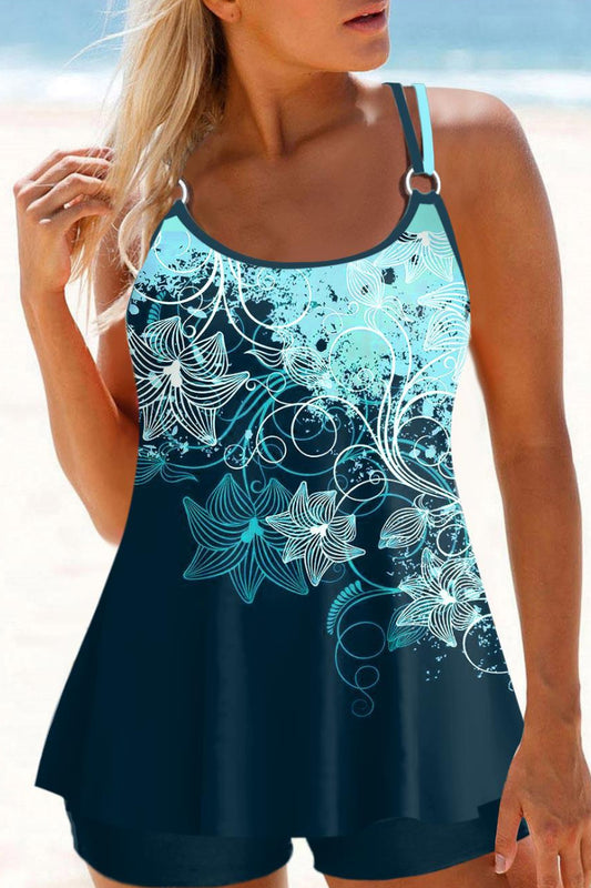 Peacock Blue Floral Print Tankini Set
