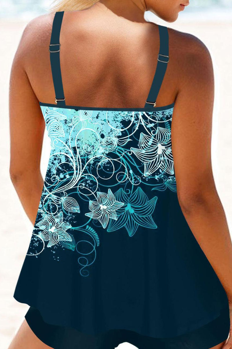 Peacock Blue Floral Print Tankini Set