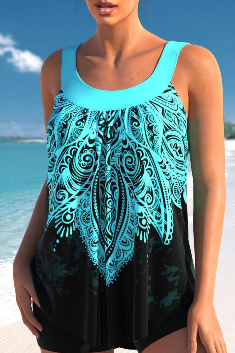 Tribal Print Cyan Wide Strap Tankini Set