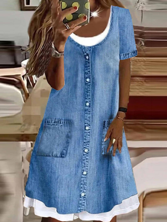 Casual Short Sleeve Round Neck Button Denim Midi Dress