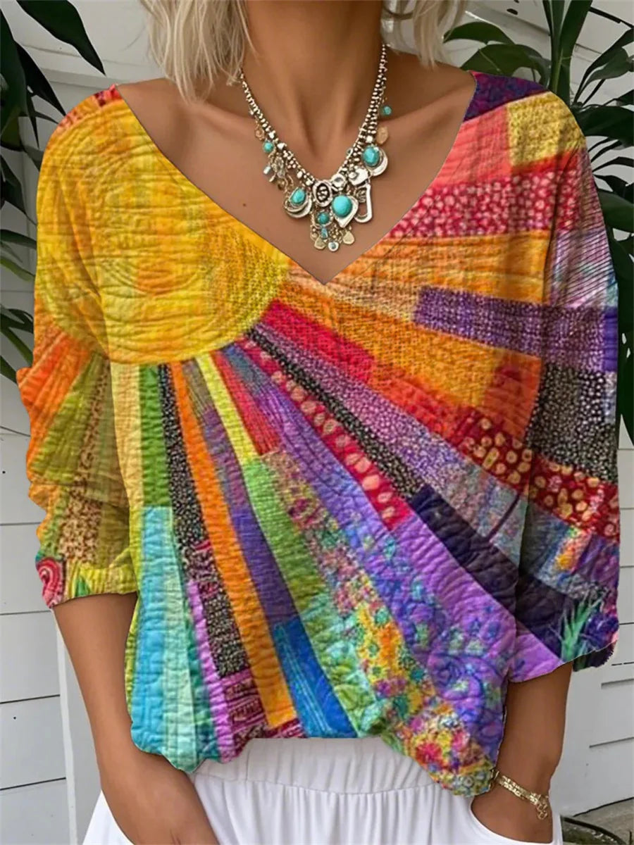 Women's Colorful Patchwork V-Neck Long Sleeve Loose Fit Blouse