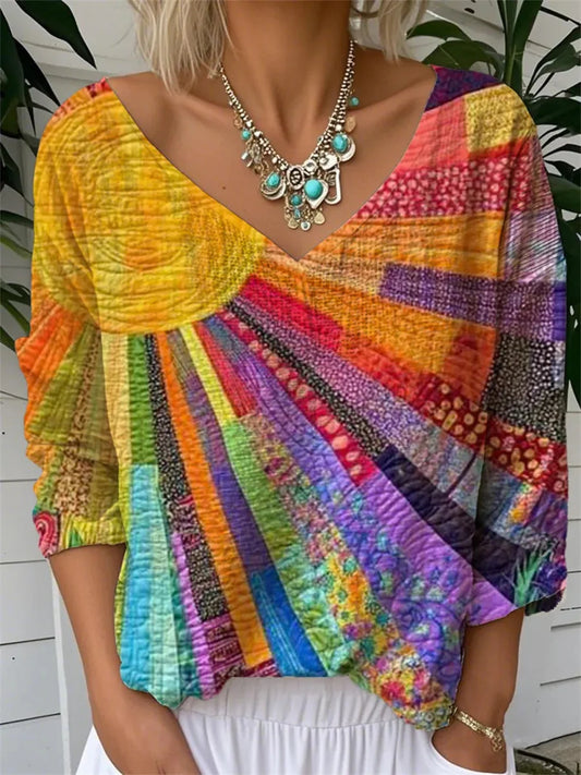 Women's Colorful Patchwork V-Neck Long Sleeve Loose Fit Blouse