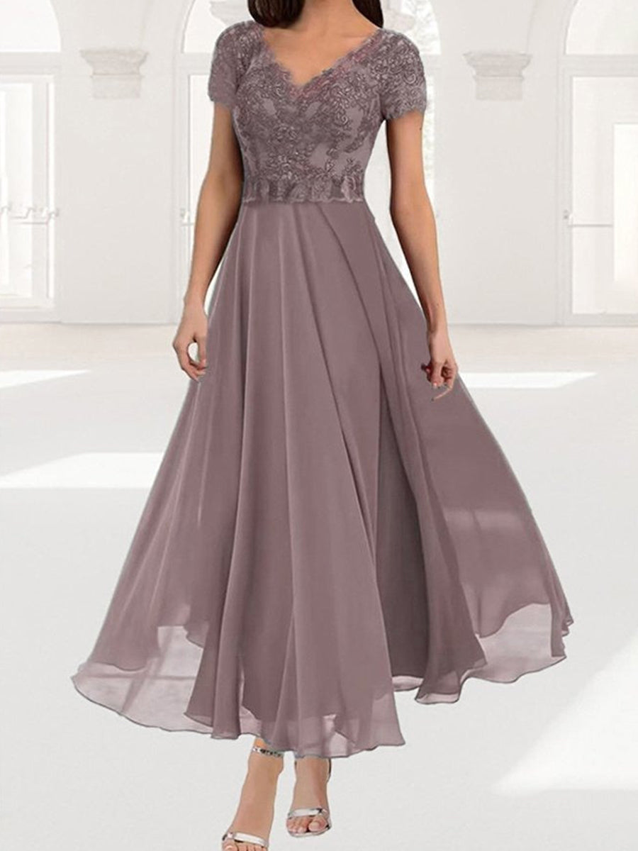 Elegant Plain Lace V-neck Short Sleeve Comfy Dress