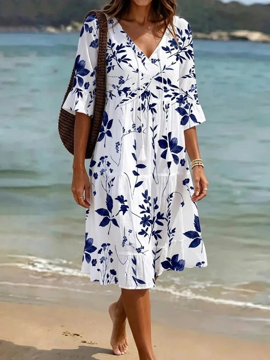 White Floral Print V-neck 3/4 Sleeve Tiered Midi Dress