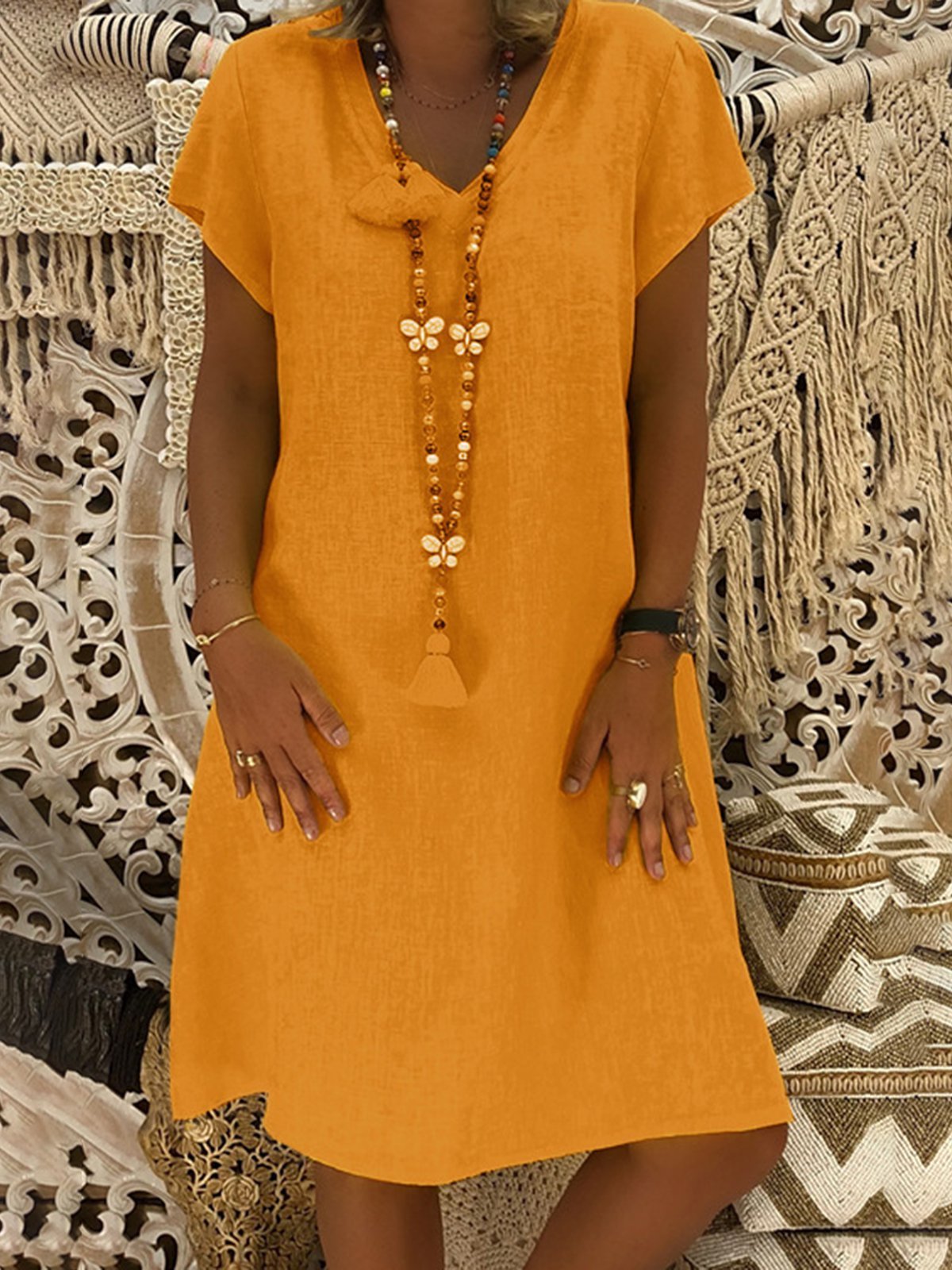 Solid Color Casual V-neck Short Sleeve Dresses