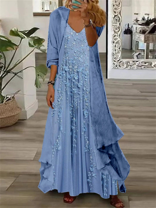 Women's Long Sleeve V-neck Floral Printed Two Pieces Maxi Dress
