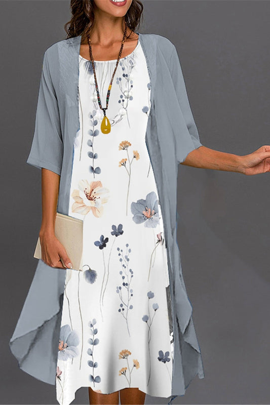 Women's Floral Print Layered Midi Dress with Lightweight Cardigan Two-Piece Set
