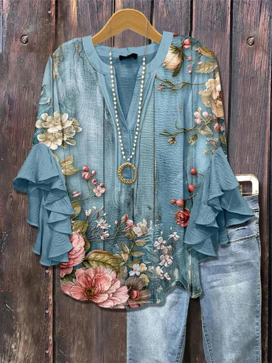 Vintage Floral Print V-neck Half Sleeve Blouse