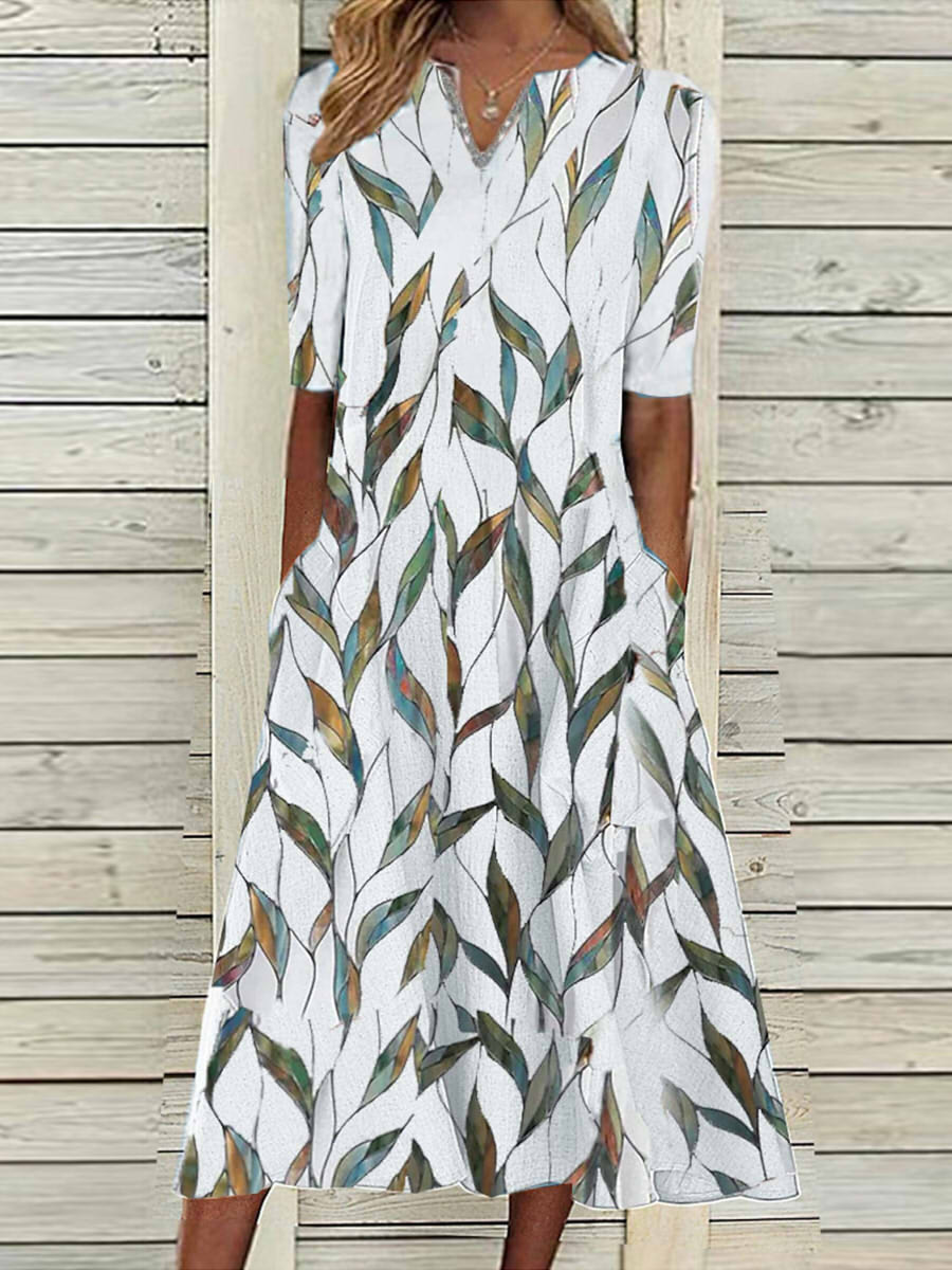 Women's Leaf Print V-Neck Half Sleeve Midi Dress with Pockets