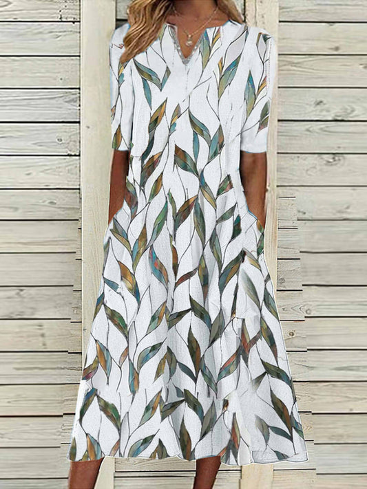 Women's Leaf Print V-Neck Half Sleeve Midi Dress with Pockets