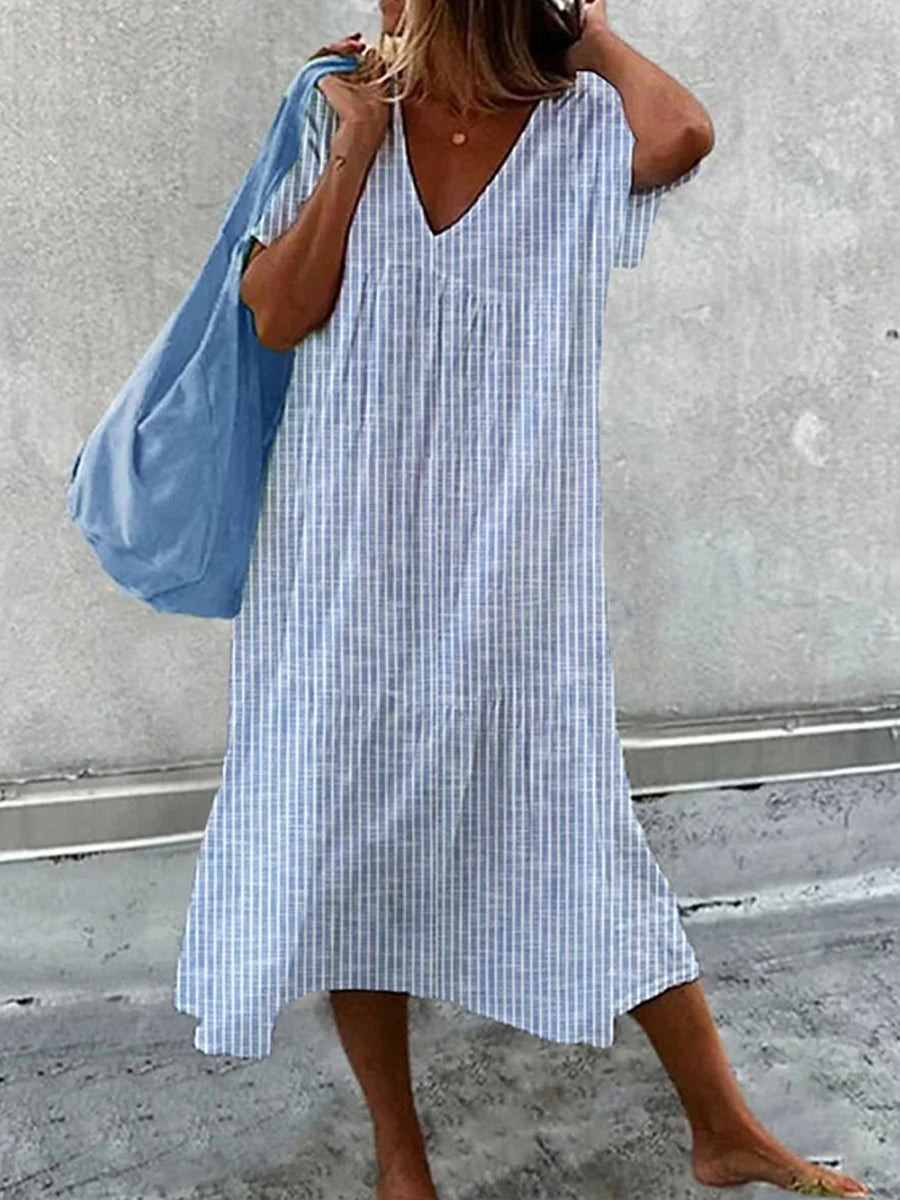 Women’s Casual Loose-Fit V-Neck Striped Midi Dress
