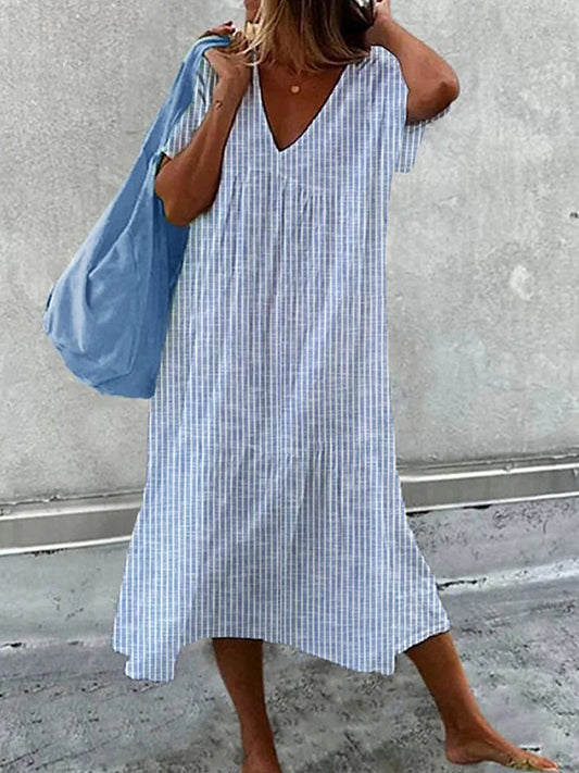 Women’s Casual Loose-Fit V-Neck Striped Midi Dress