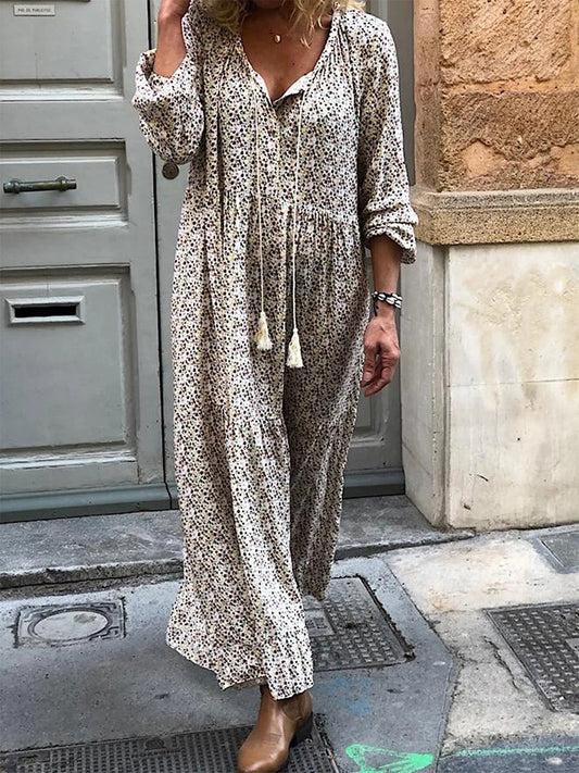 Boho Floral Long Sleeve V Neck Maxi Dress