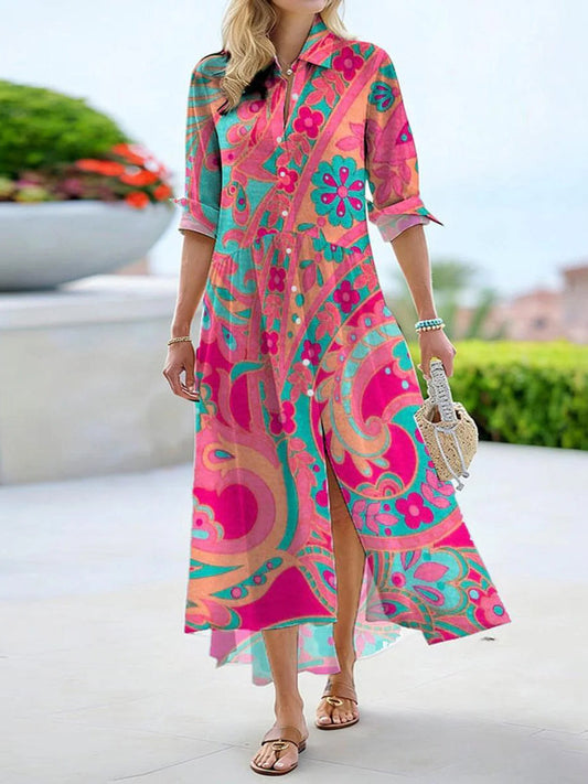 Vibrant Pink Floral Print Long Sleeve Midi Dress