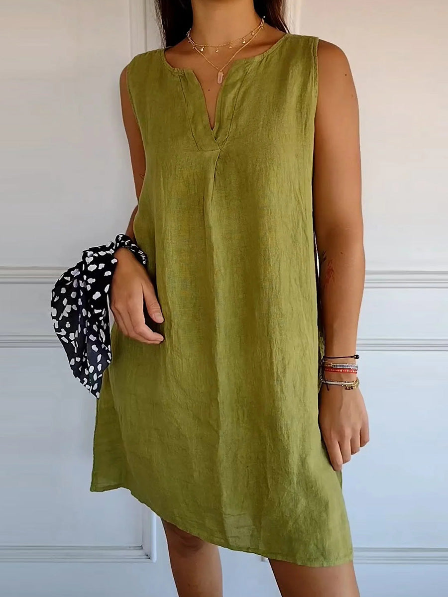 Cotton and Linen Solid V-neck Sundress