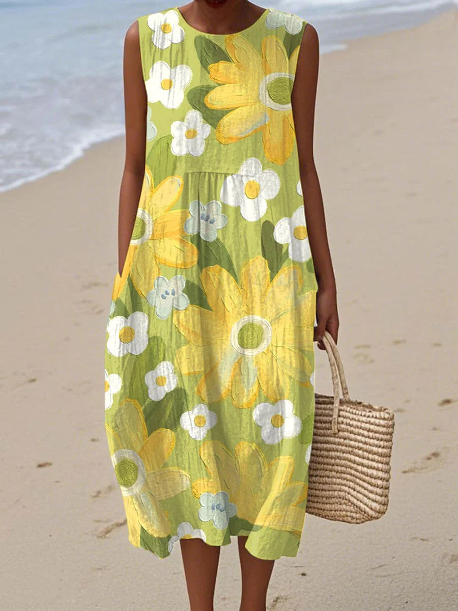 Women's Vintage Flowers Art Print Crew Neck Sleeveless Dress