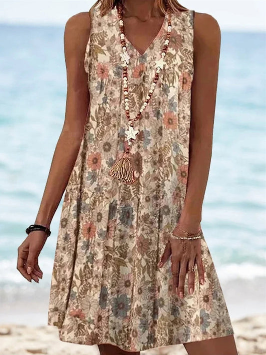 Women's Vintage Floral Sleeveless V-Neck A-Line Summer Dress