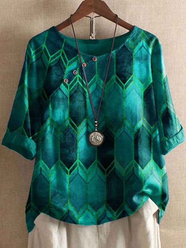 Round Neck Geometric Printed Casual Blouse