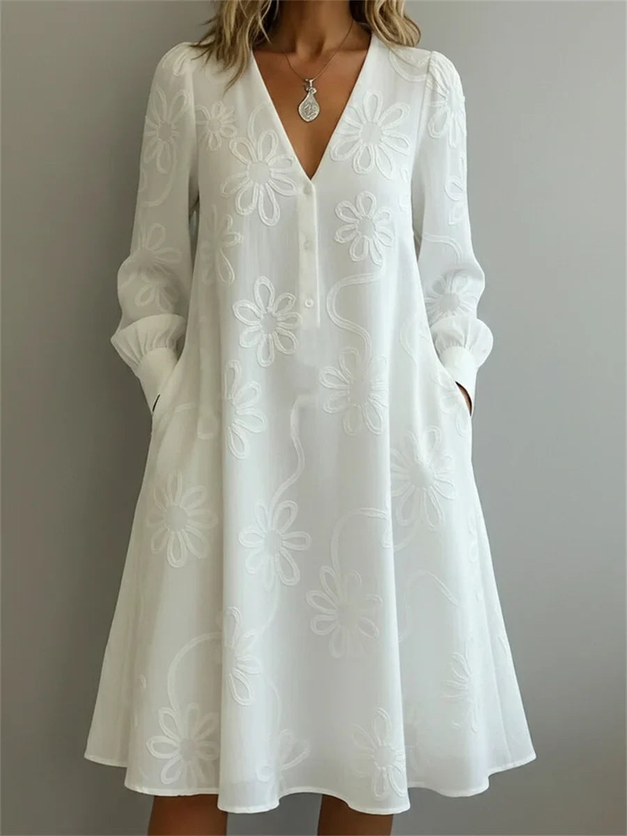 Vintage Elegant V-neck Floral Printed Long Sleeve Dress