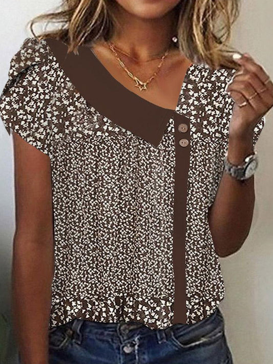 Women's Floral Print Short Sleeve Asymmetrical Neck Button Blouse