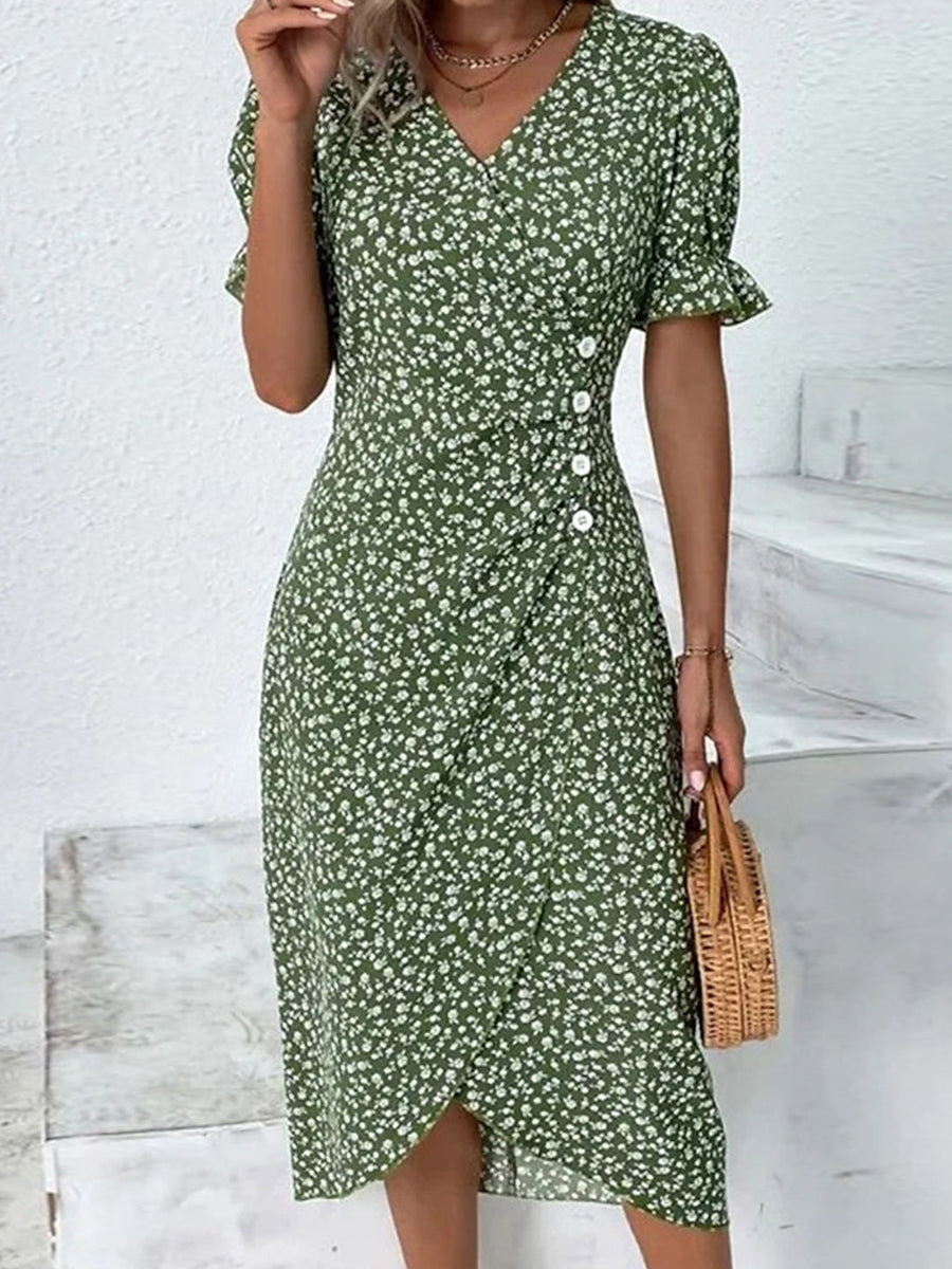 Women’s Floral Print V-Neck Short Sleeve Side Button Midi Dress
